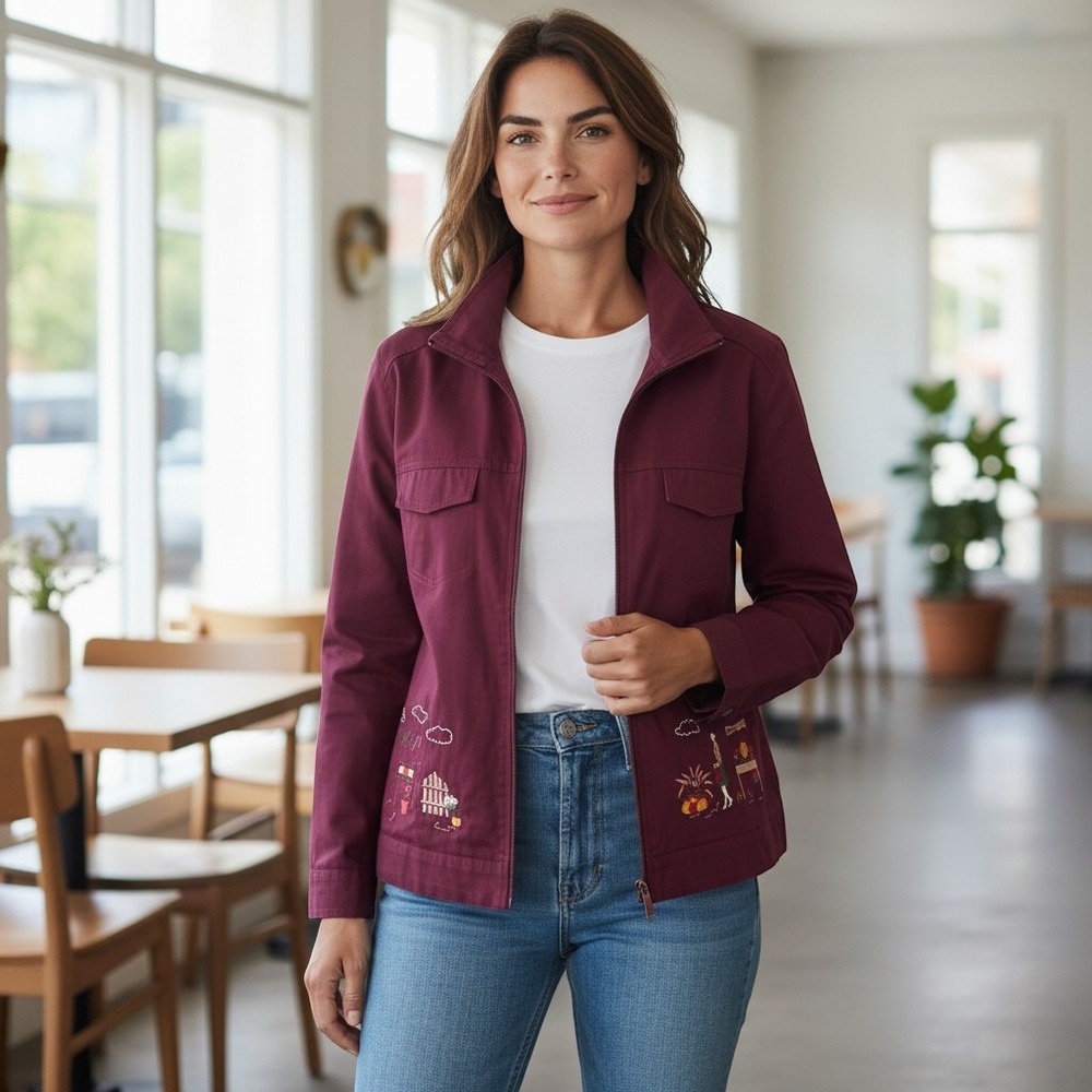Breckenridge Woman Burgundy Farmers Market Embroidered Zip Up Jacket 1X Novelty